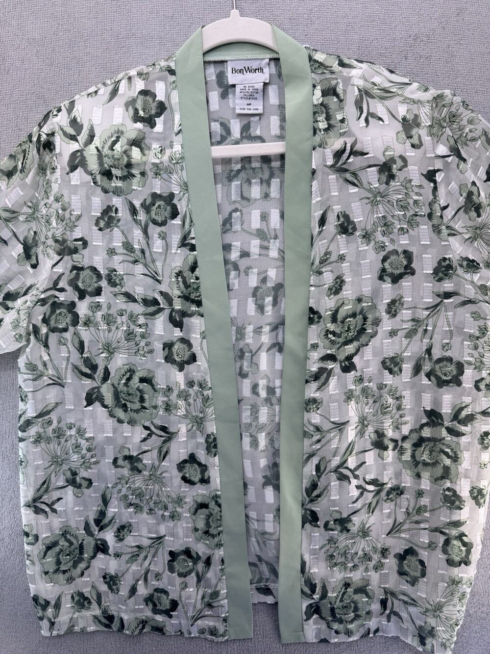 BonWorth Womens Petite MP Green Floral Sheer Open Front Cardigan Lightweight